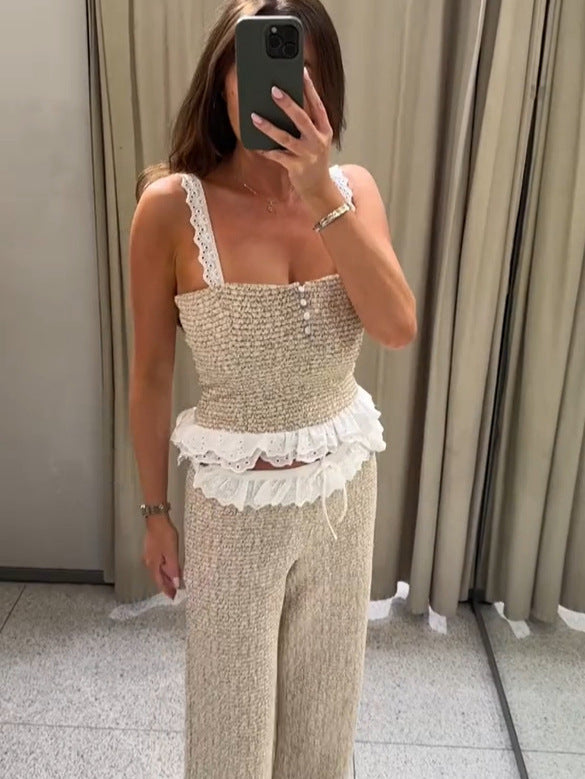 Women's Smocked Ruffle Crop Top & Wide Leg Pants Set