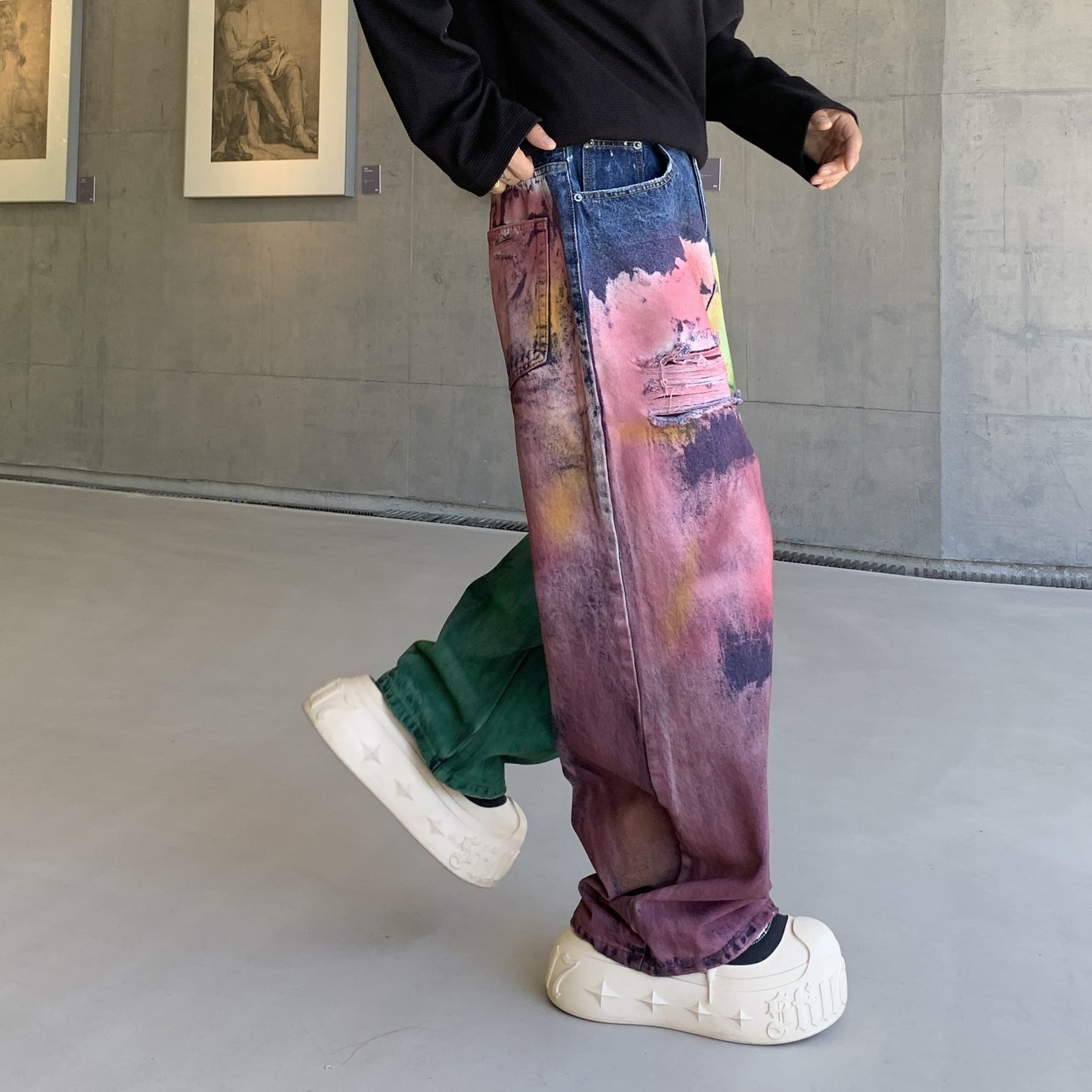 Women's Oversized Tie-Dye Distressed Wide Leg Jeans