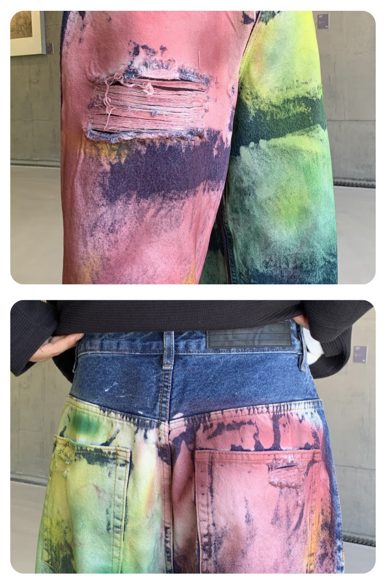 Women's Oversized Tie-Dye Distressed Wide Leg Jeans