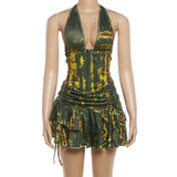 Women's Tie-Dye Halter Ruched Ruffle Mini Dress