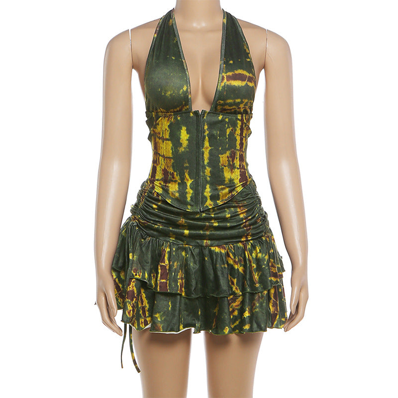 Women's Tie-Dye Halter Ruched Ruffle Mini Dress