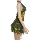 Women's Tie-Dye Halter Ruched Ruffle Mini Dress