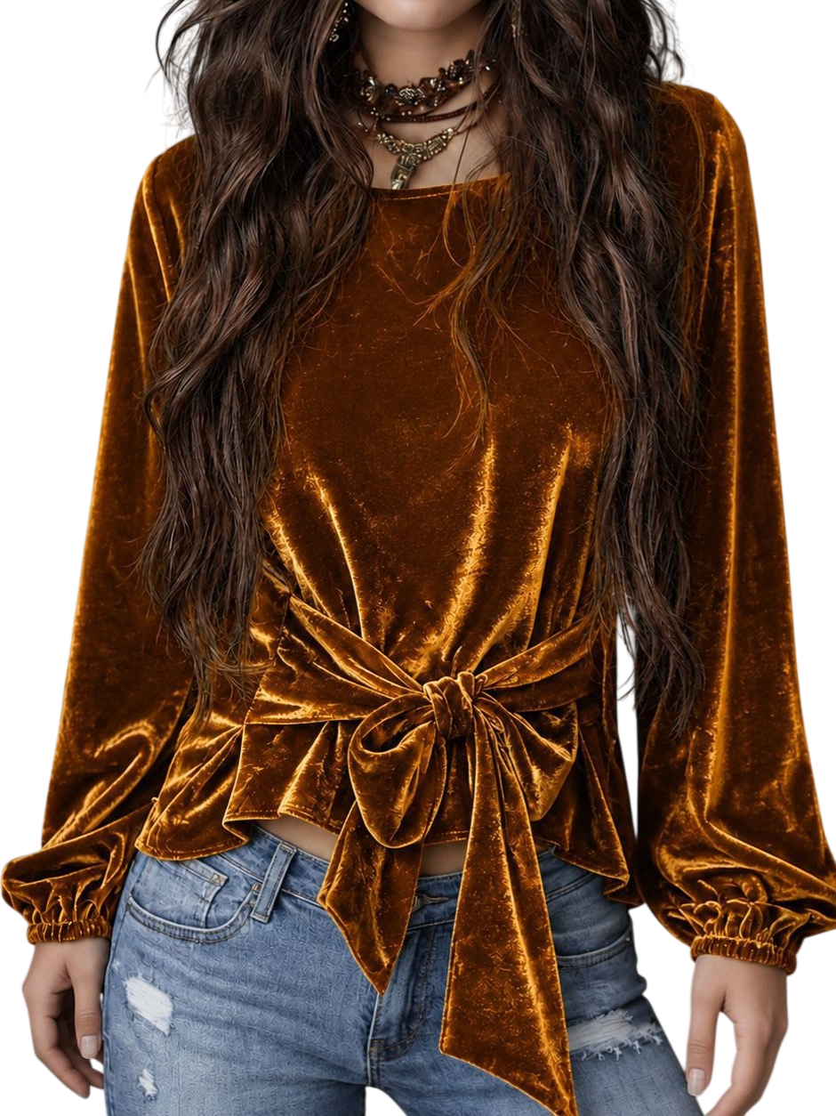 Women's Velvet Tie Front Long Sleeve Top