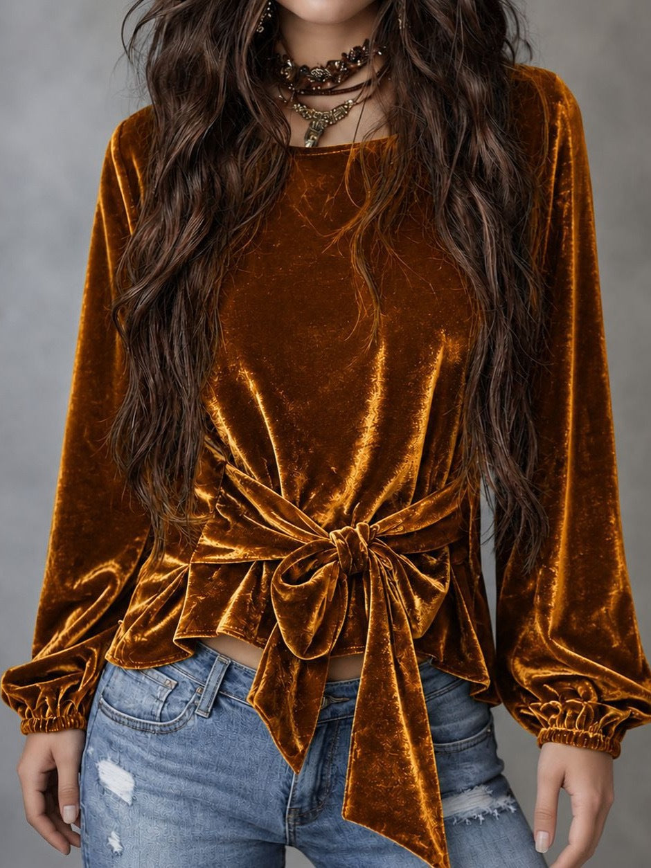 Women's Velvet Tie Front Long Sleeve Top