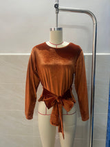 Women's Velvet Tie Front Long Sleeve Top