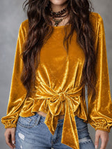 Women's Velvet Tie Front Long Sleeve Top