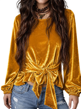 Women's Velvet Tie Front Long Sleeve Top