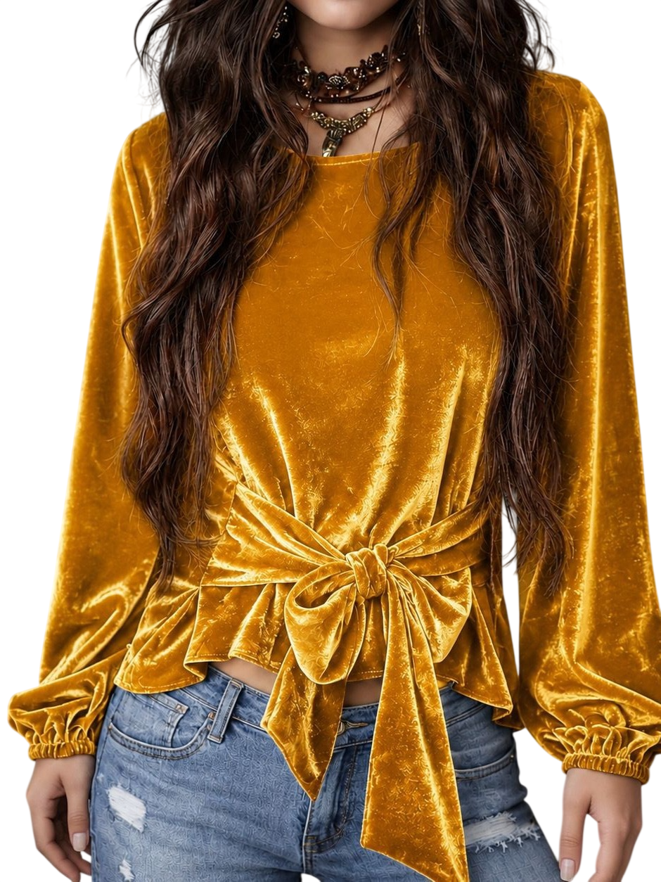 Women's Velvet Tie Front Long Sleeve Top