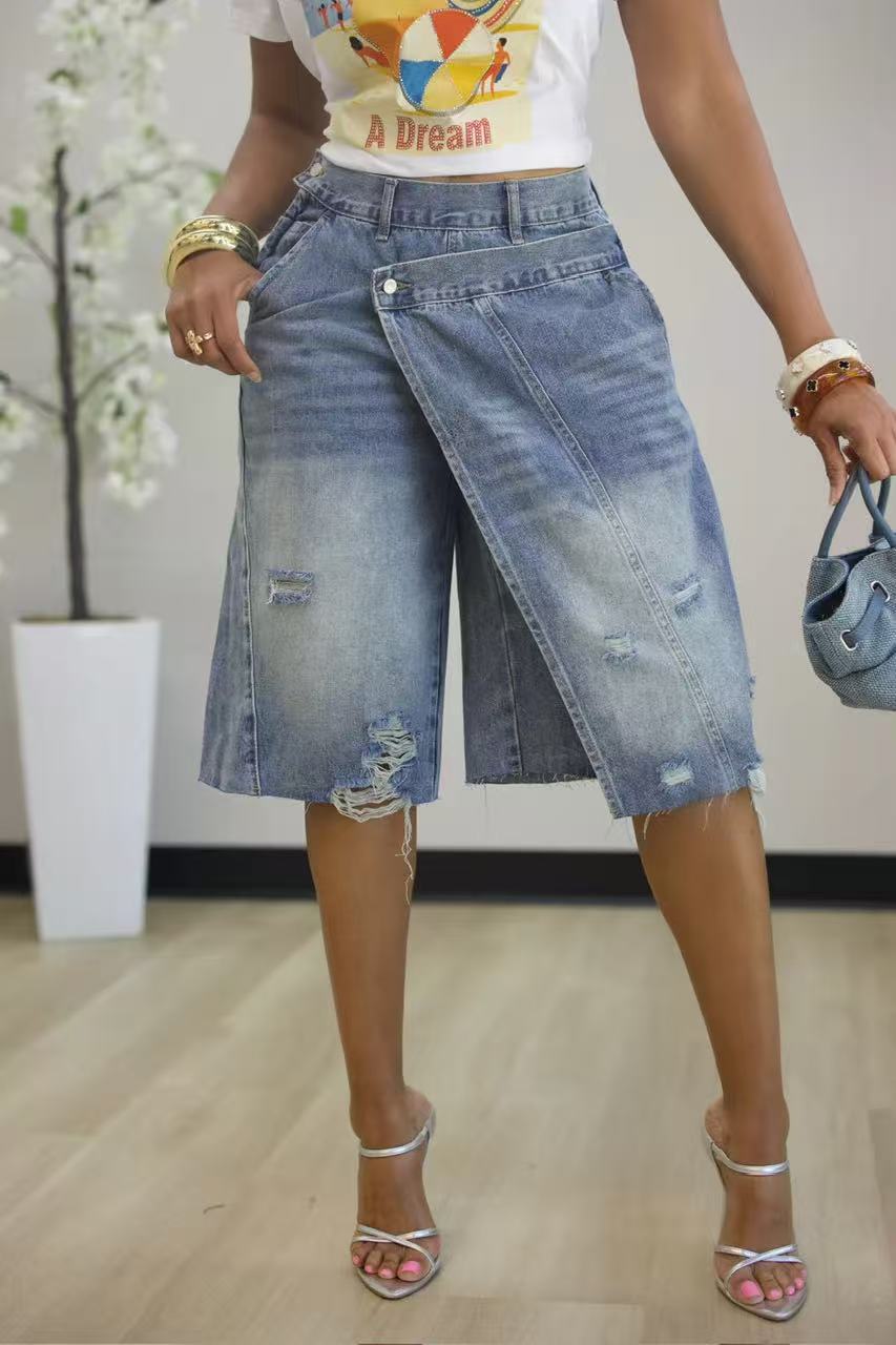Women's Asymmetrical Denim Bermuda Shorts