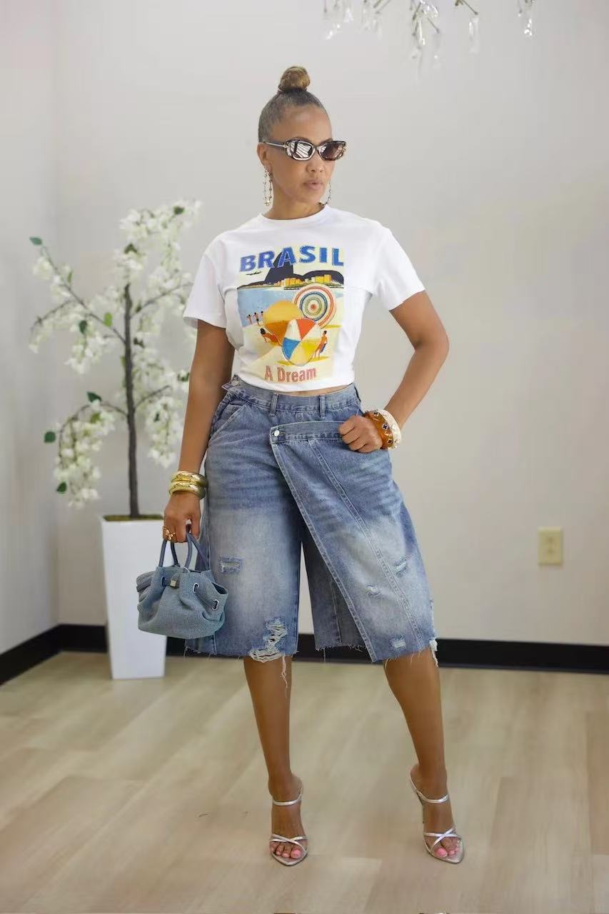 Women's Asymmetrical Denim Bermuda Shorts