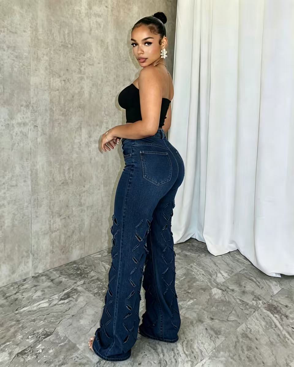Women's Distressed Wide Leg Denim Jeans