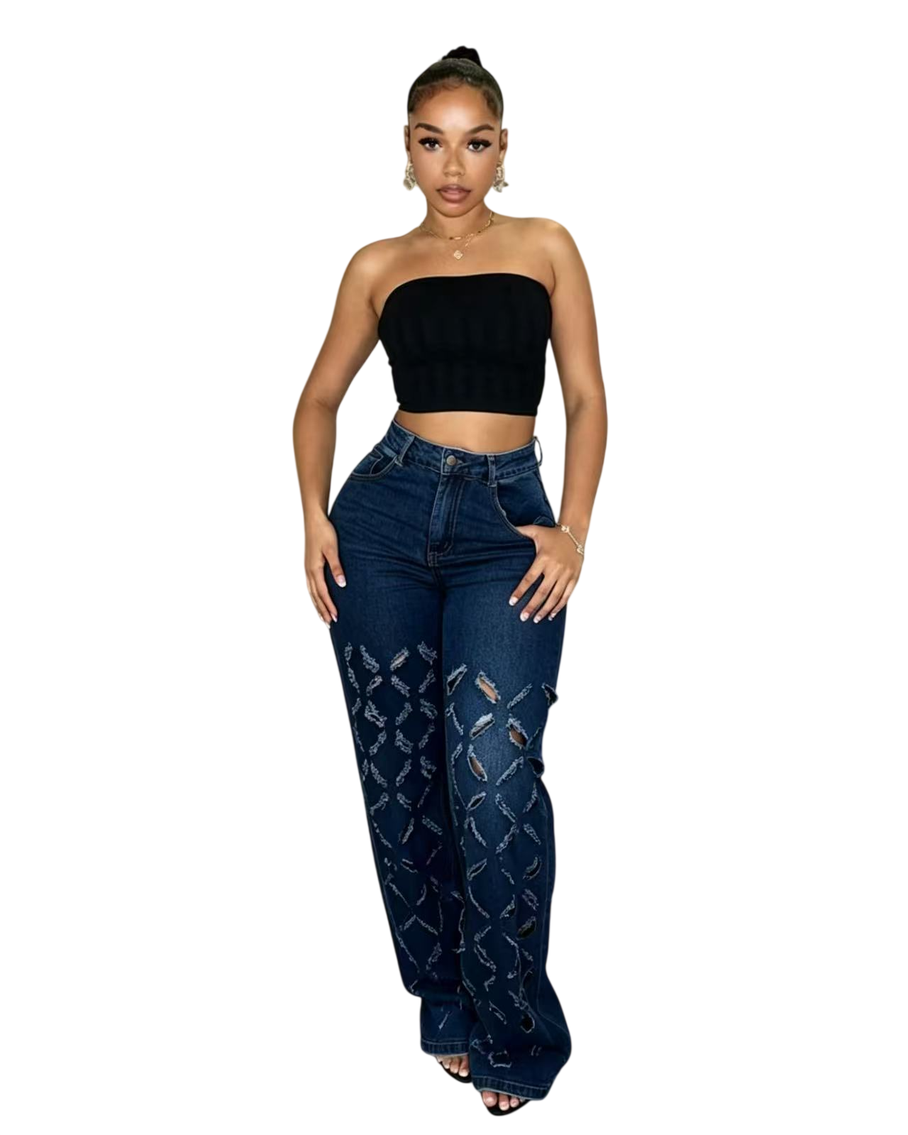 Women's Distressed Wide Leg Denim Jeans