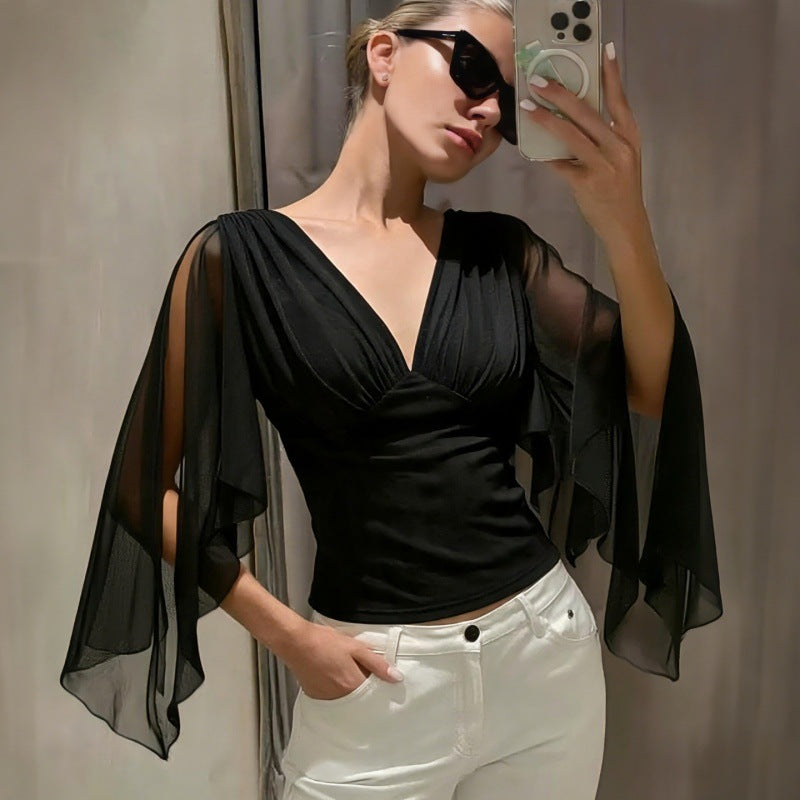 Women's Sheer Sleeve V Neck Blouse Top