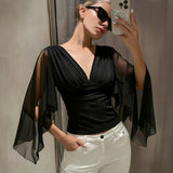 Women's Sheer Sleeve V Neck Blouse Top