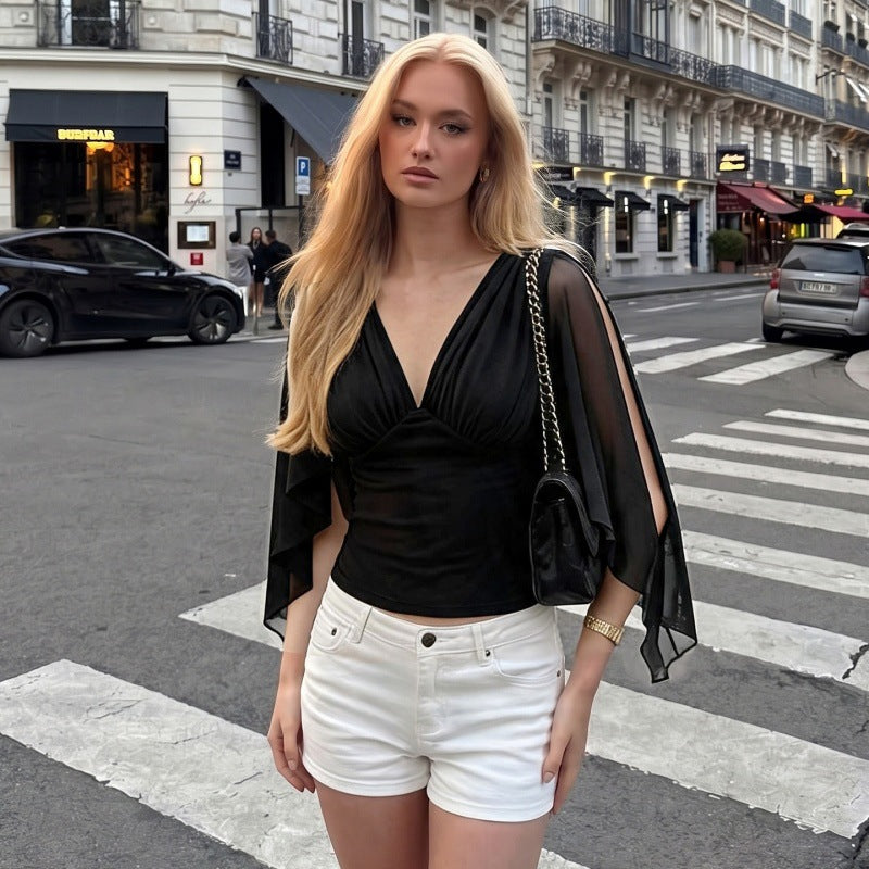 Women's Sheer Sleeve V Neck Blouse Top