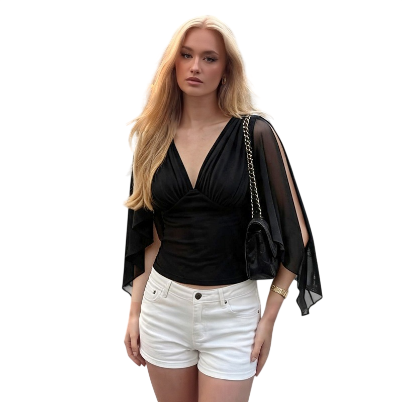 Women's Sheer Sleeve V Neck Blouse Top