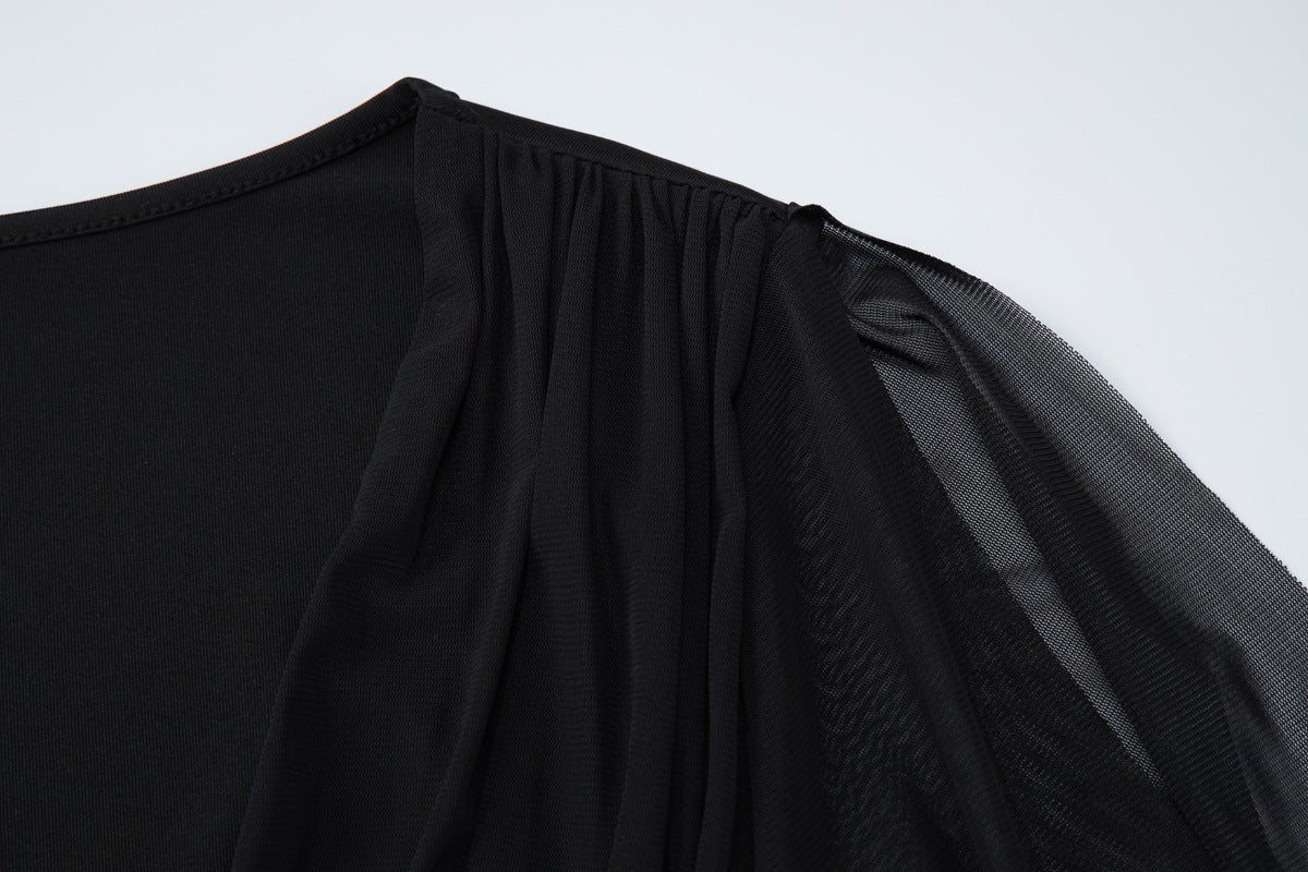 Women's Sheer Sleeve V Neck Blouse Top