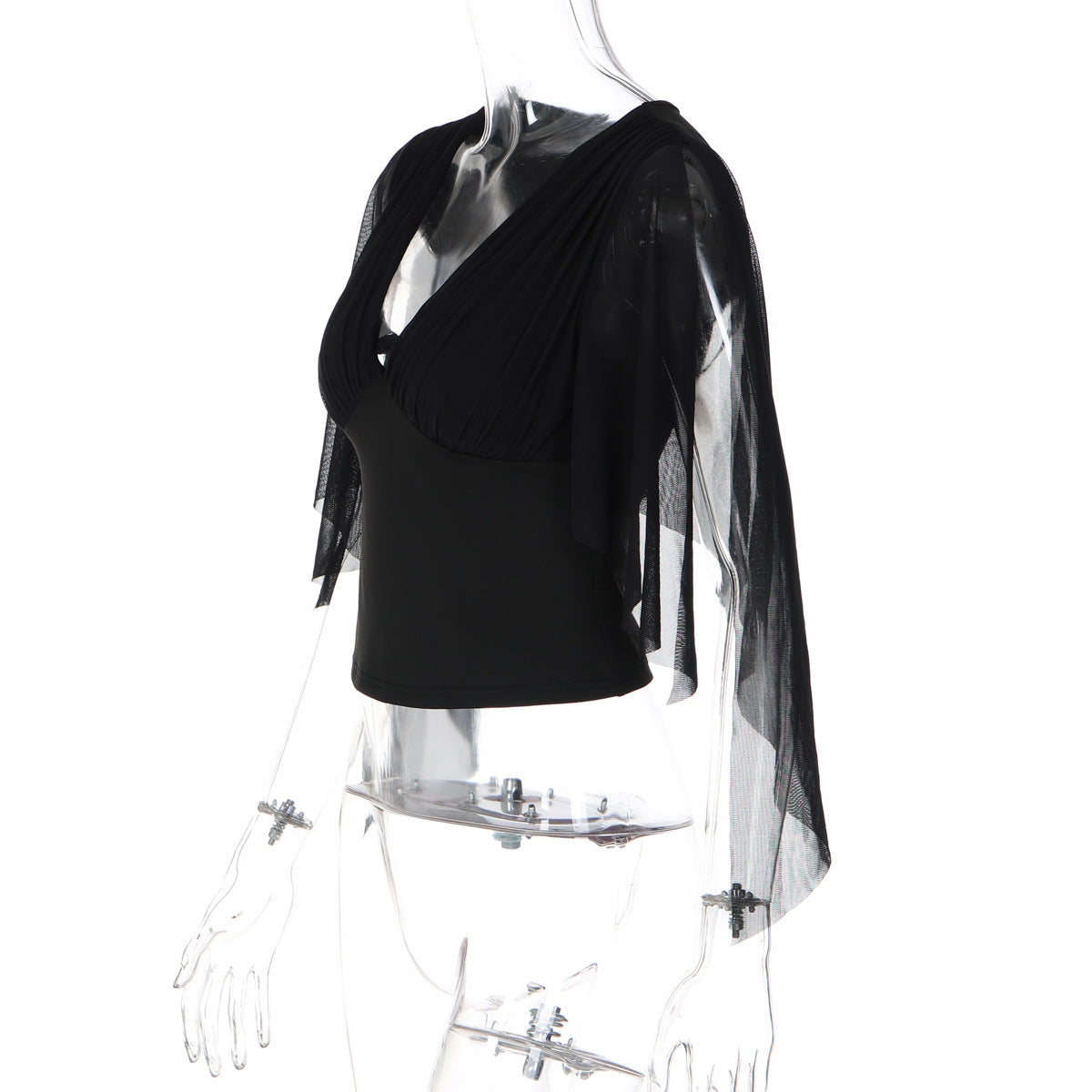Women's Sheer Sleeve V Neck Blouse Top