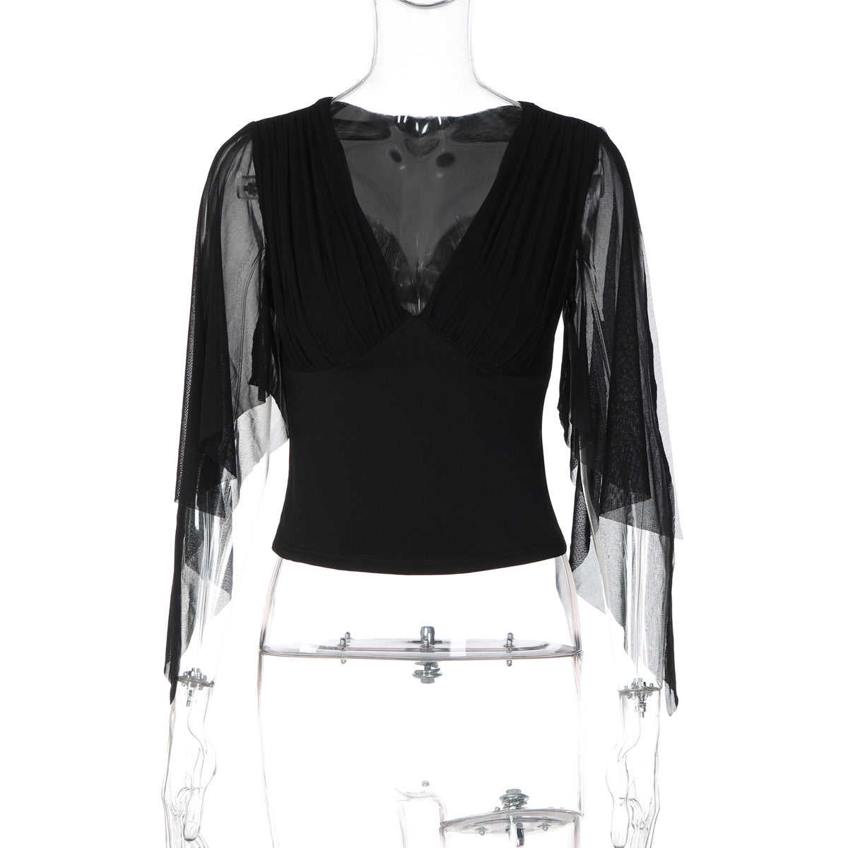 Women's Sheer Sleeve V Neck Blouse Top