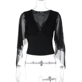Women's Sheer Sleeve V Neck Blouse Top