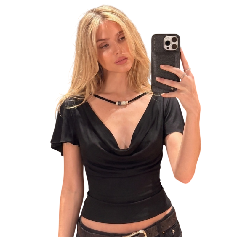 Women's Cowl Neck Beaded Trim Blouse Top