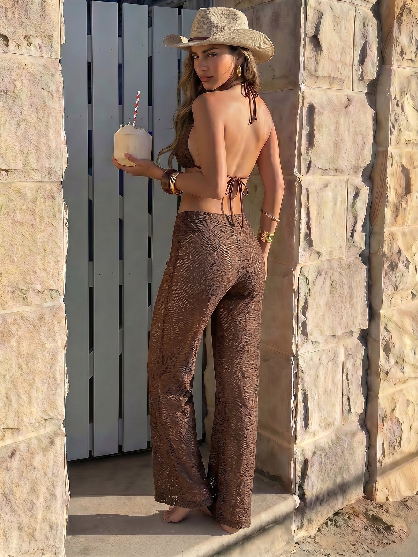 Women's Crochet Bikini & Sheer Beach Pants Set
