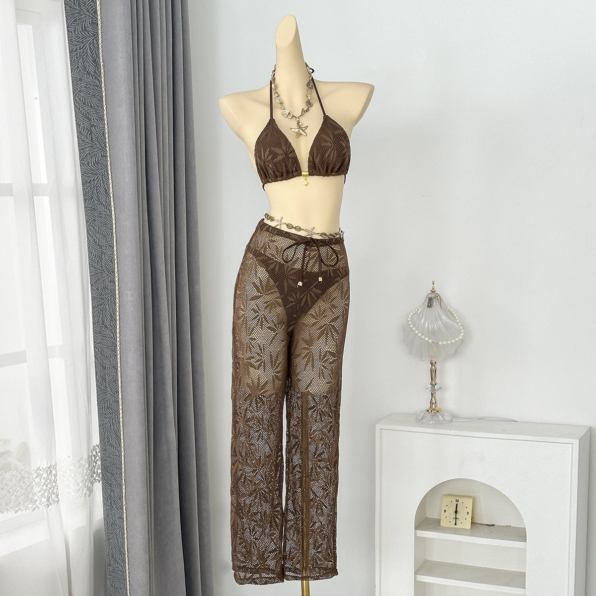 Women's Crochet Bikini & Sheer Beach Pants Set