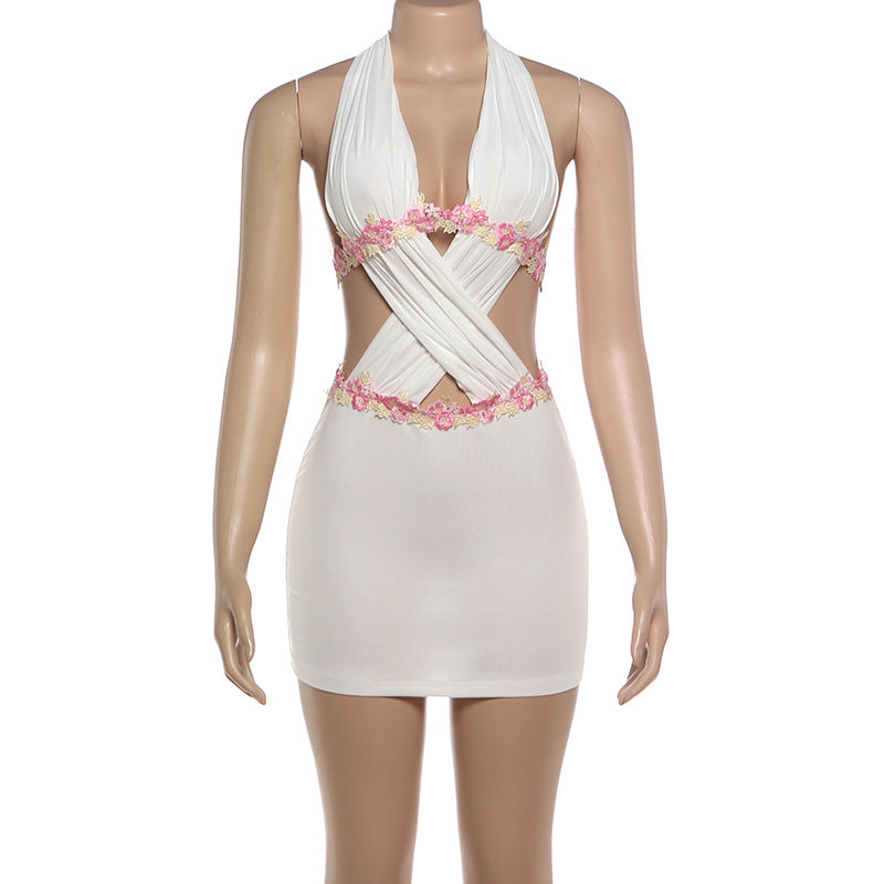 Women's Floral Cutout Halter Mini Bodycon Dress