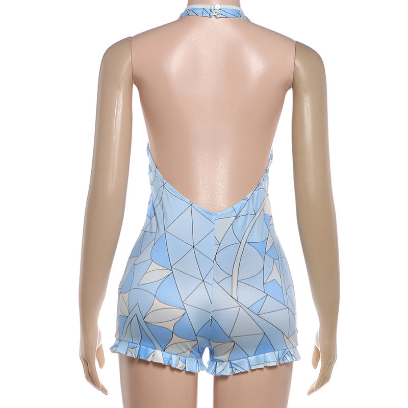 Women's Halter Cutout Ruffle Hem Romper