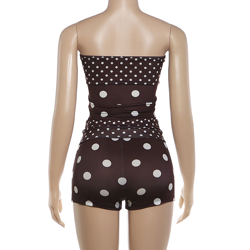 Women's Strapless Polka Dot Mesh Shorts Set