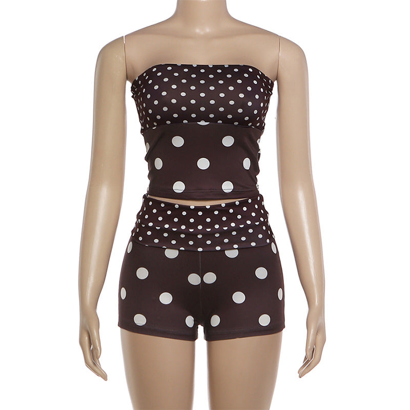 Women's Strapless Polka Dot Mesh Shorts Set
