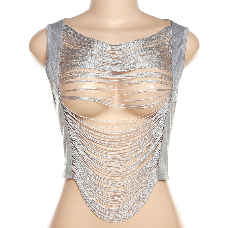 Fringe Metallic Crop Party Top