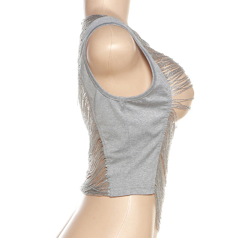 Fringe Metallic Crop Party Top