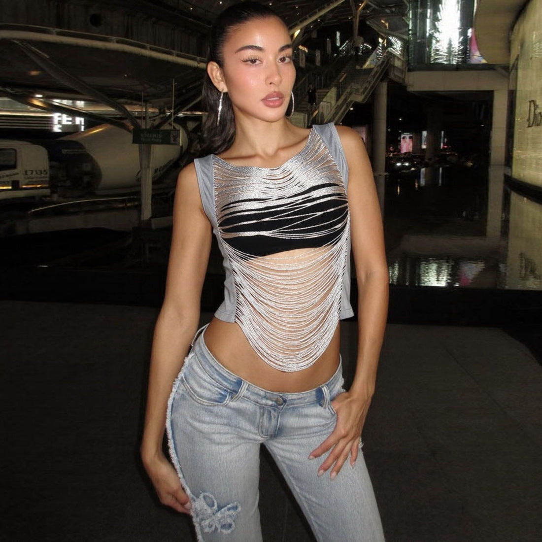 Fringe Metallic Crop Party Top