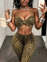 Leopard Print Halter Crop Top Capti  Set