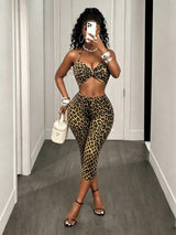 Leopard Print Halter Crop Top Capti  Set