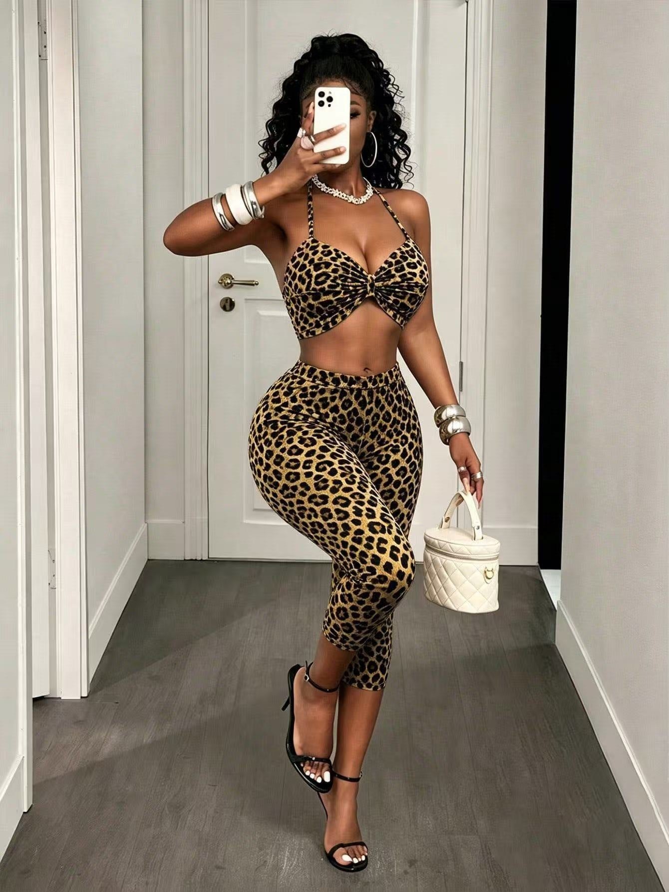 Leopard Print Halter Crop Top Capti  Set