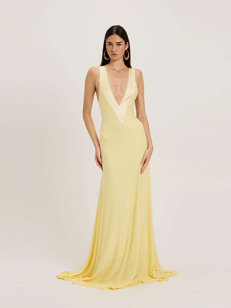 Elegant Deep V Neck Sleeveless Maxi Dress