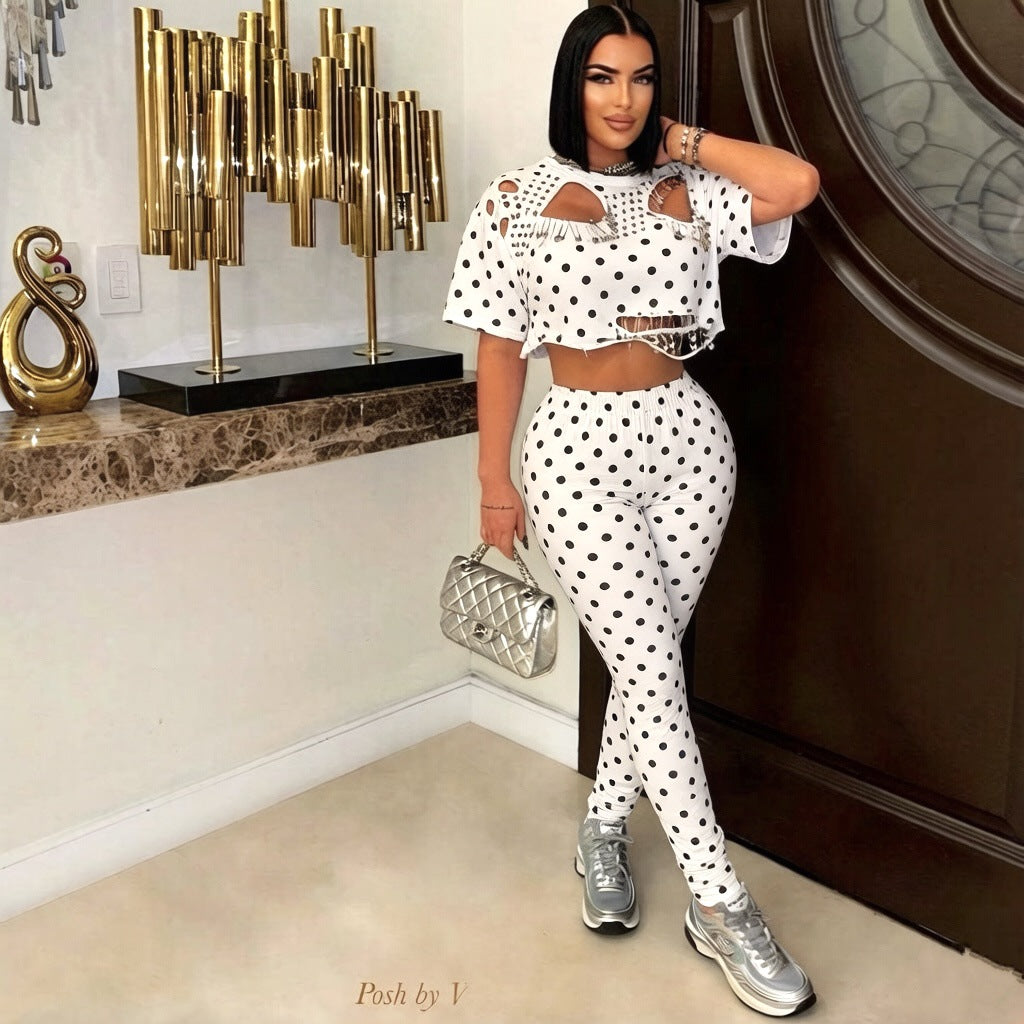 Polka Dot Cutout Crop Top & Leggings Set for Women