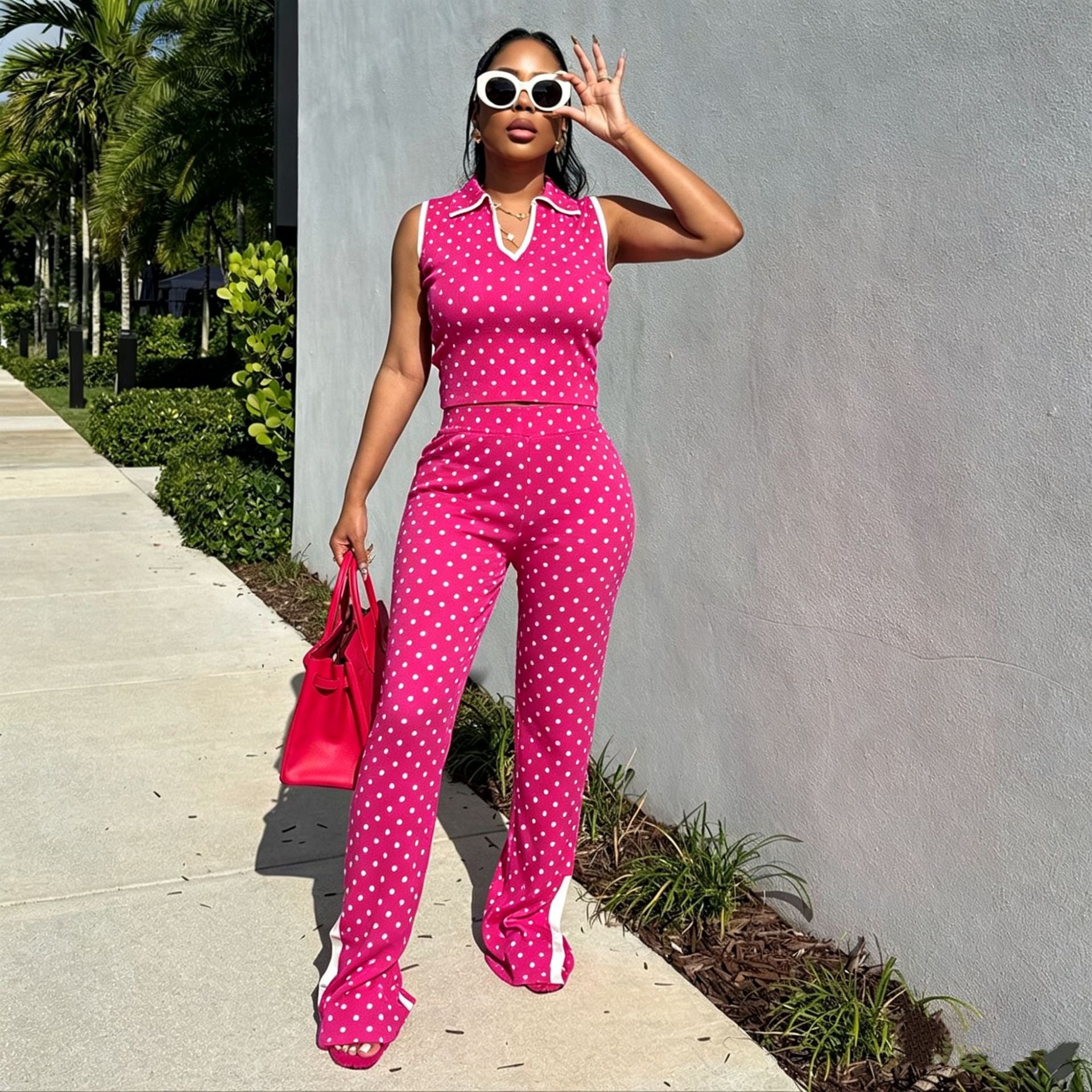 Polka Dot Sleeveless Top & Pants Set Women
