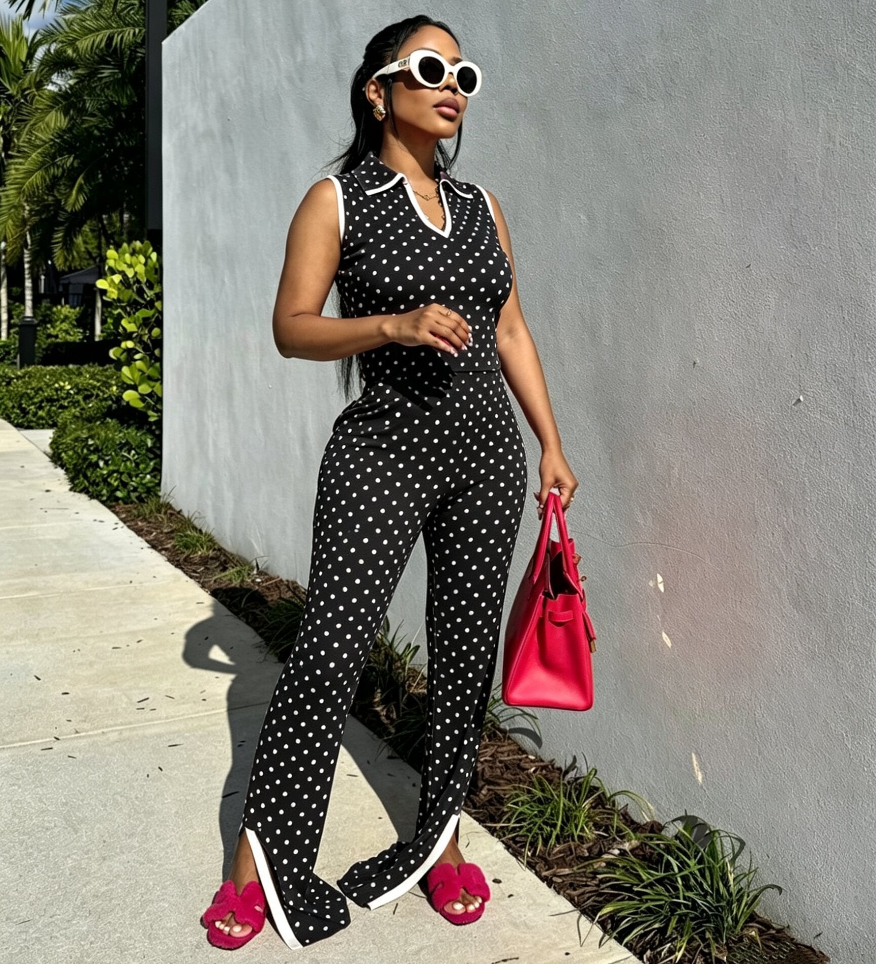 Polka Dot Sleeveless Top & Pants Set Women