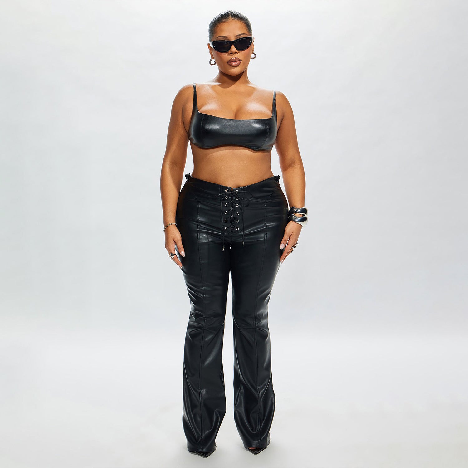 Polyester Bralette & Lace-Up Pants Set for Women