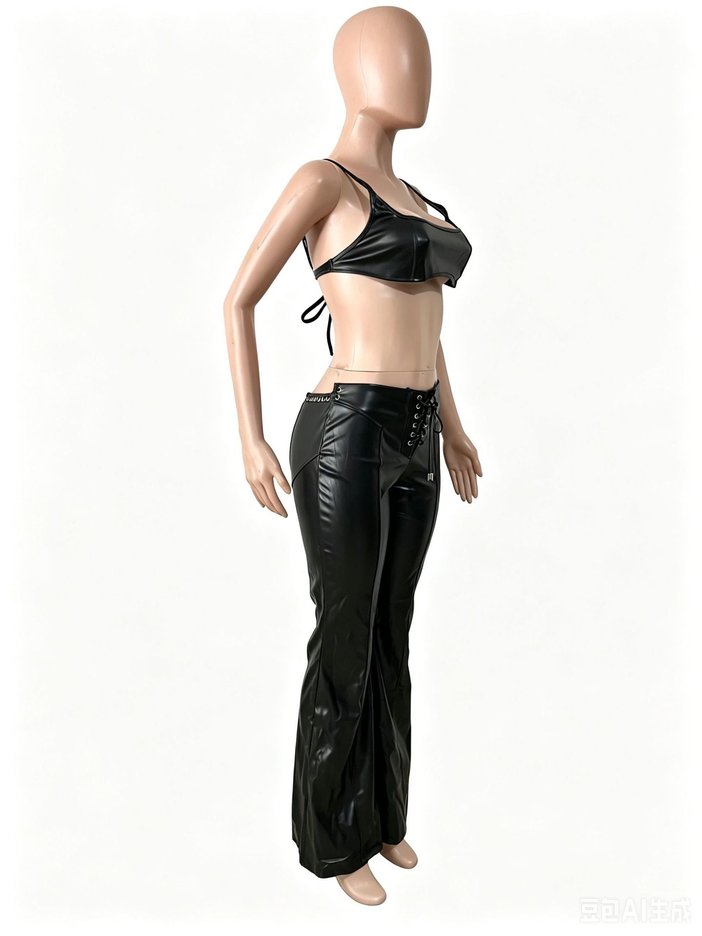 Polyester Bralette & Lace-Up Pants Set for Women