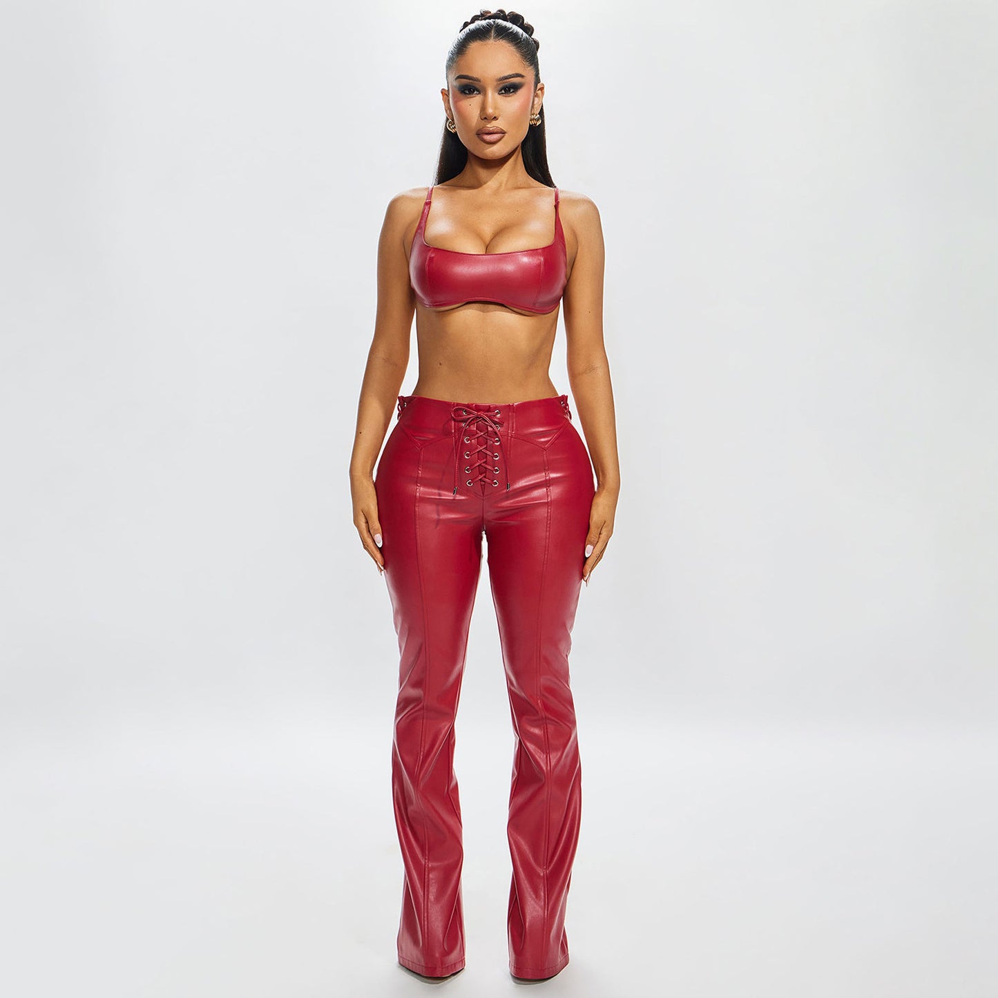 Polyester Bralette & Lace-Up Pants Set for Women