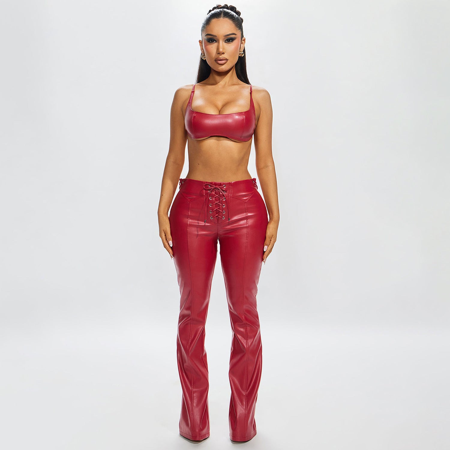 Polyester Bralette & Lace-Up Pants Set for Women