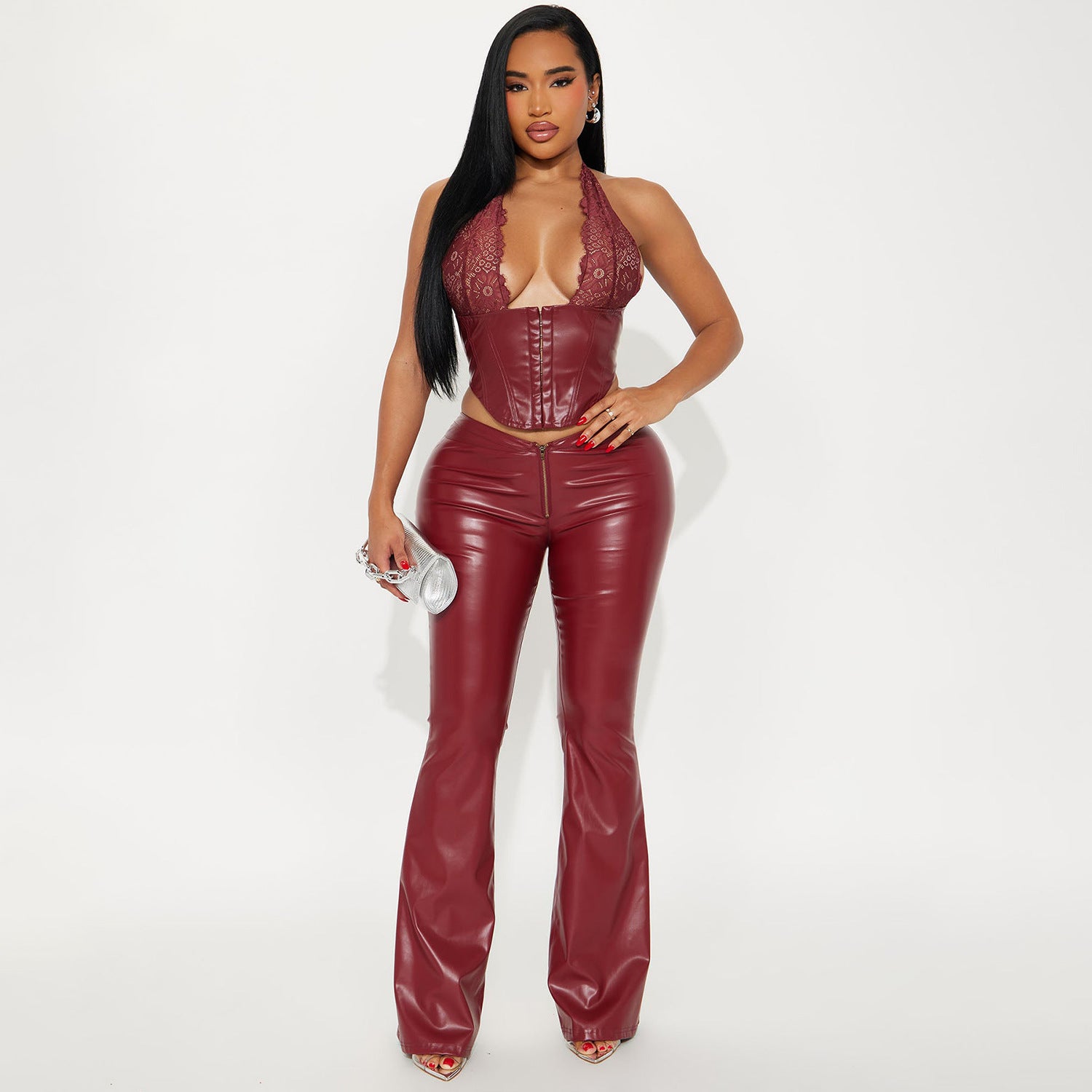 Lace Halter Corset Top & Flare Pants Set Women