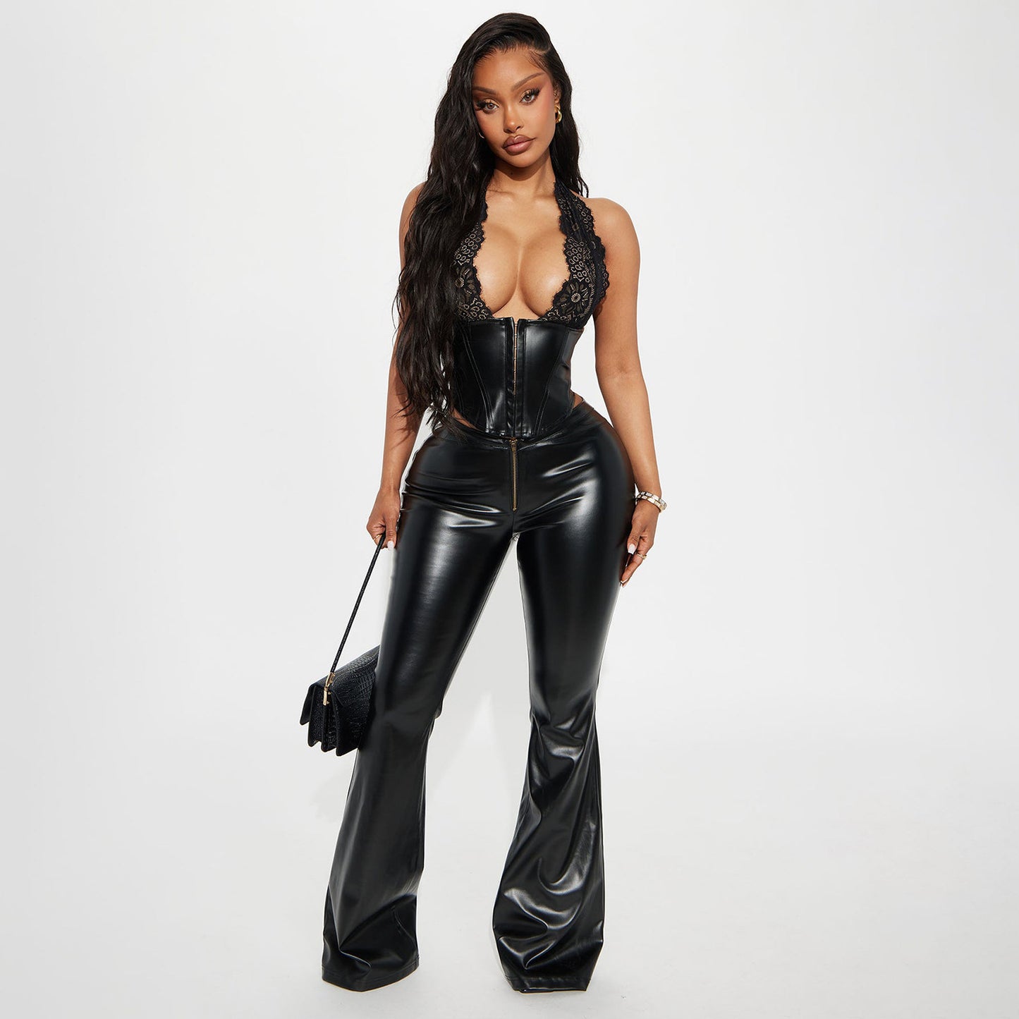 Lace Halter Corset Top & Flare Pants Set Women