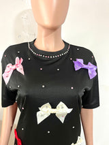Women`s Bow Detail Tee & Drawstring Shorts Set
