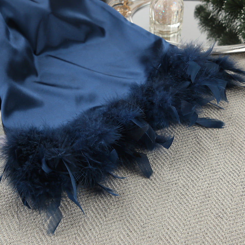 Women`s Satin Feather Trim Robe Sleepwear Set