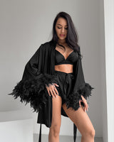 Women`s Satin Feather Trim Robe Sleepwear Set